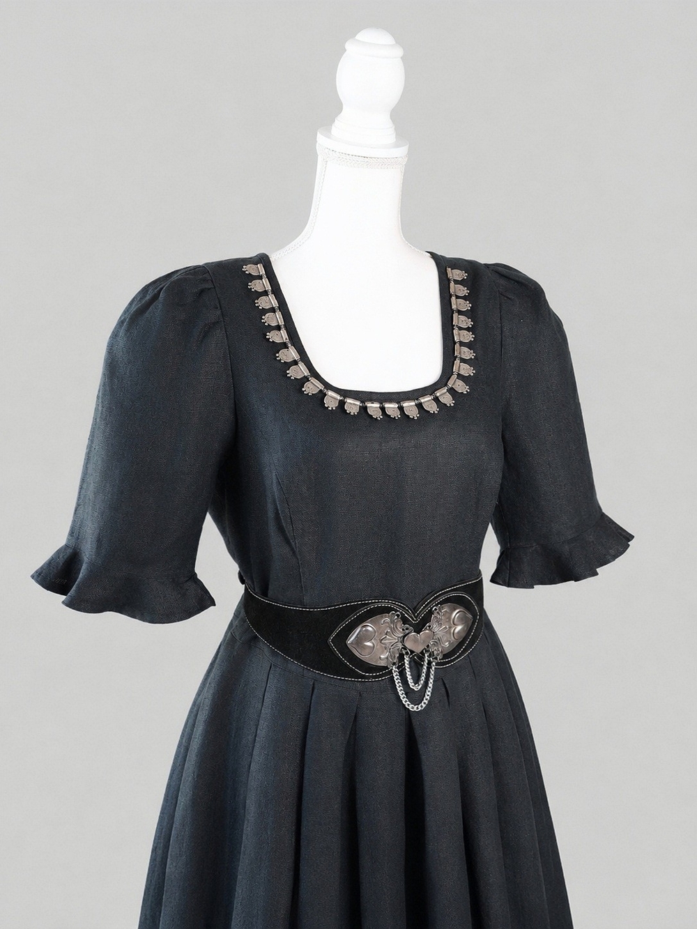 Vintage Black Maxi Linen Dress with Belt, Gothic, Medieval, Cottagecore - Picture 2 of 12